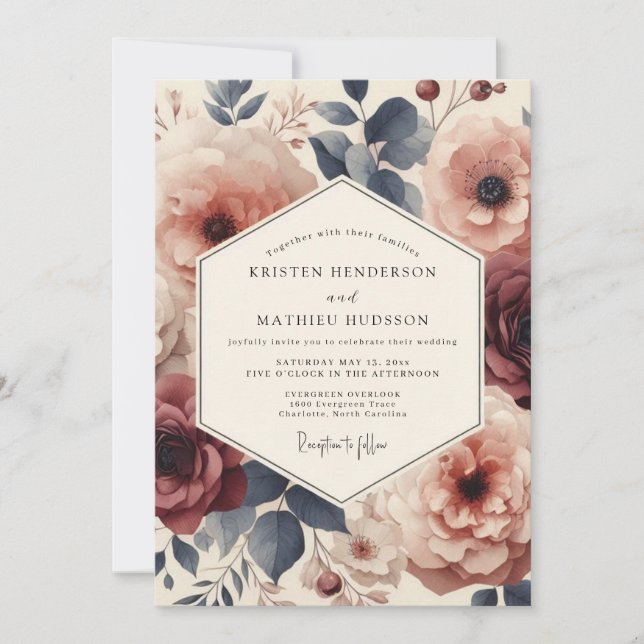 Invitación Boda Romántica Flor de Burgundy Slate (Anverso)