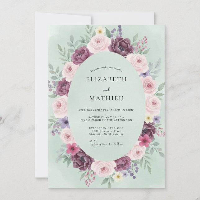 Invitación Boda Romántica Flor de Ciruelo Laurel (Anverso)