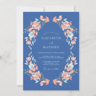 Invitación Boda Romántica Flor de Coral Azul