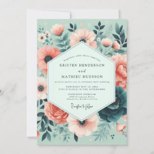 Invitación Boda Romántica Flor de Coral Mentolada