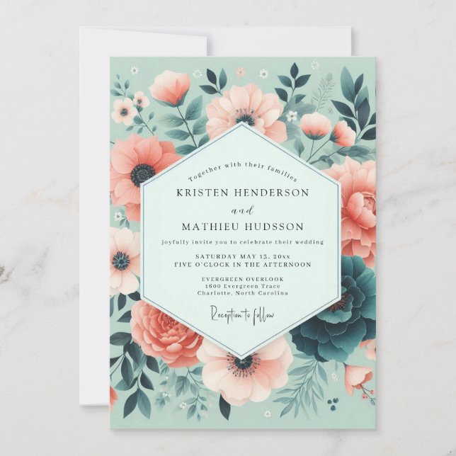 Invitación Boda Romántica Flor de Coral Mentolada (Anverso)