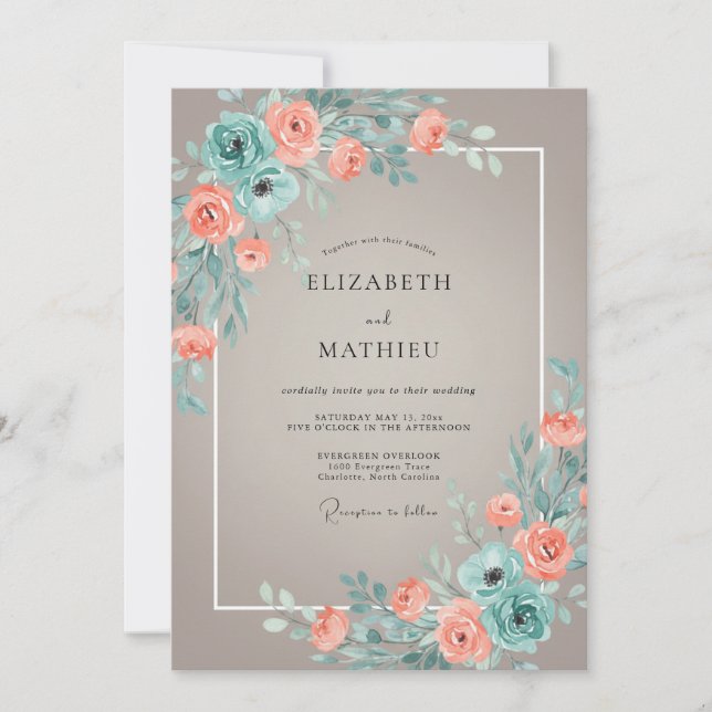 Invitación Boda Romántica Flor de Coral Teal (Anverso)