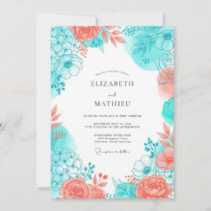 Invitación Boda Romántica Flor de Coral Teal