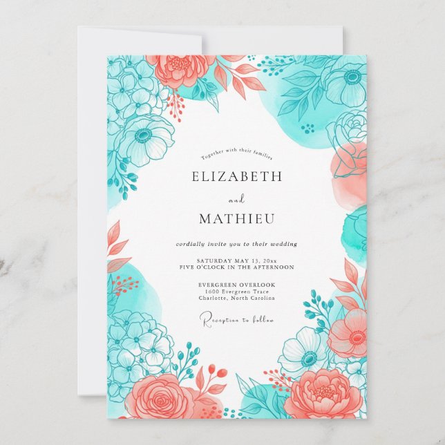Invitación Boda Romántica Flor de Coral Teal (Anverso)