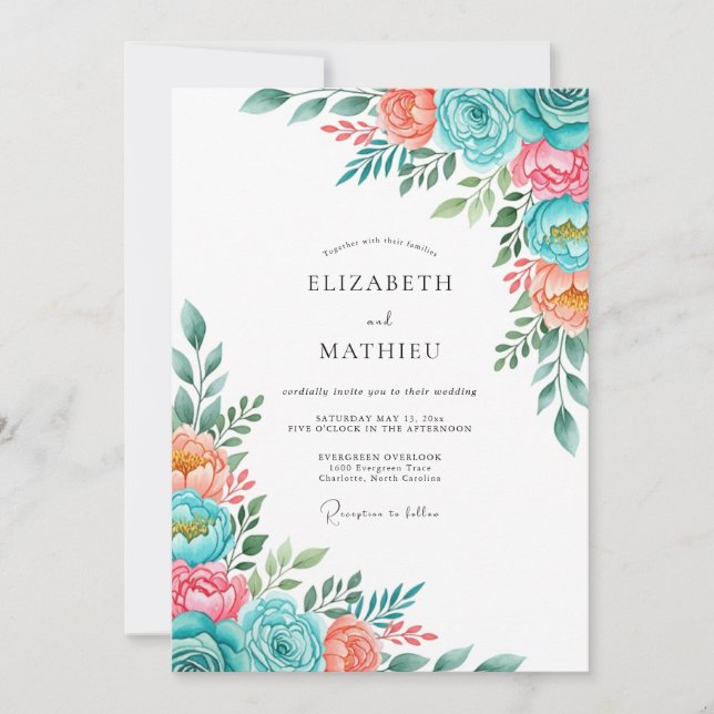 Invitación Boda Romántica Flor de Durazno Verde (Anverso)