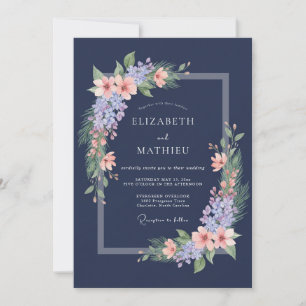 Invitación Boda Romántica Flor de Lila Azul Marino