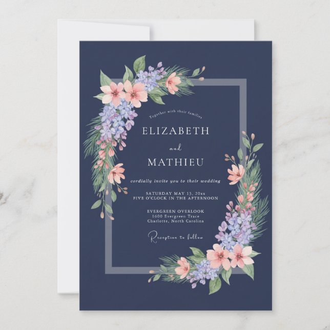 Invitación Boda Romántica Flor de Lila Azul Marino (Anverso)