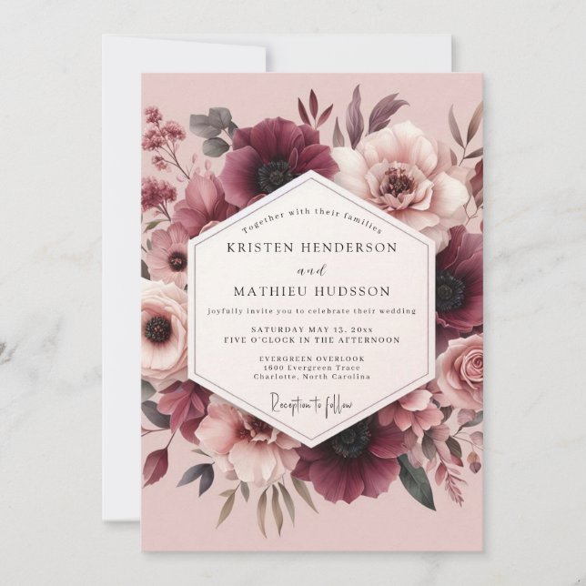 Invitación Boda Romántica Flor de Malva y Granate (Anverso)