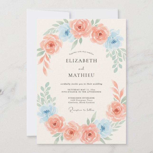 Invitación Boda Romántica Flor de Melocotón Azul (Anverso)