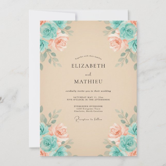 Invitación Boda Romántica Flor de Melocotón Cian (Anverso)