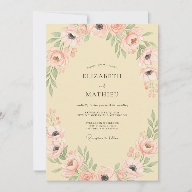 Invitación Boda Romántica Flor de Melocotón Pastel (Anverso)