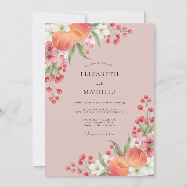 Invitación Boda Romántica Flor de Melocotón Rubor (Anverso)