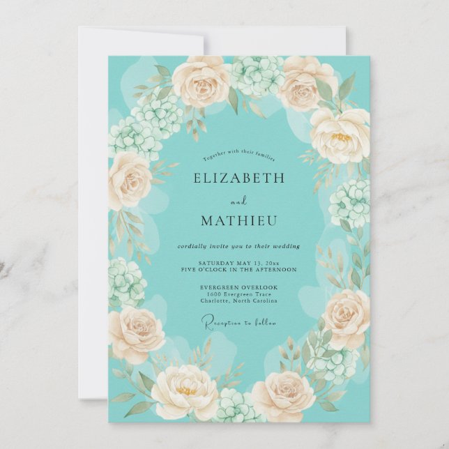 Invitación Boda Romántica Flor de Melocotón Verde (Anverso)
