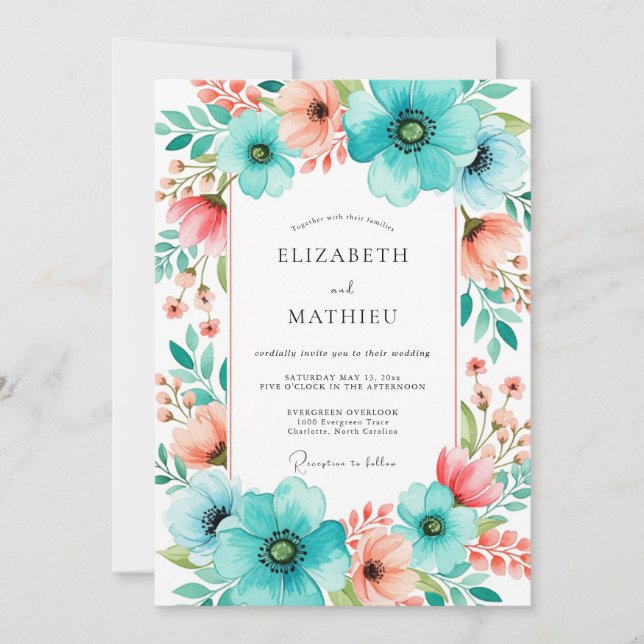 Invitación Boda Romántica Flor de Melocotón Verde Azulado (Anverso)