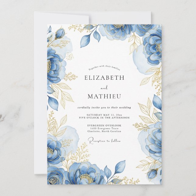 Invitación Boda Romántica Flor de Oro Azul (Anverso)