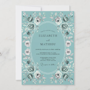 Invitación Boda Romántica Flor de Pintura Verde Azulada