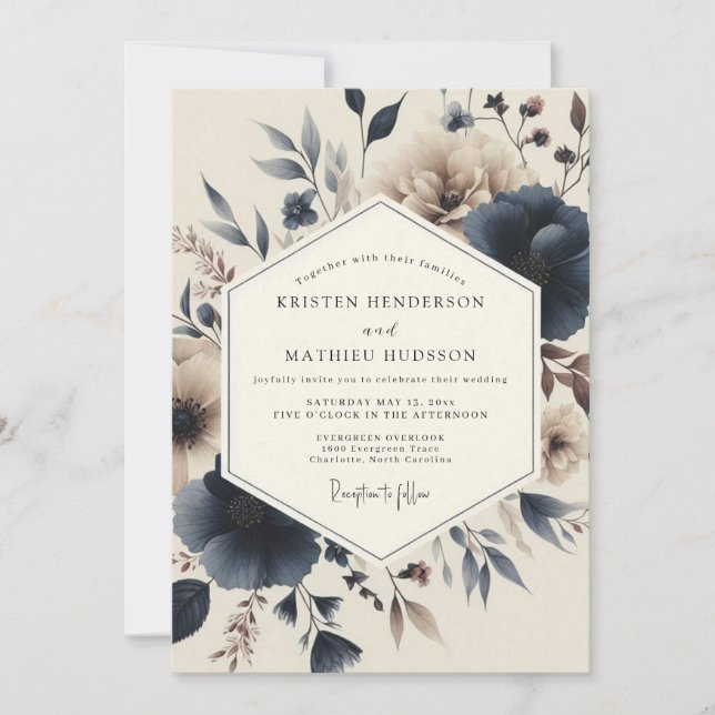Invitación Boda Romántica Flor de Pizarra Azul (Anverso)