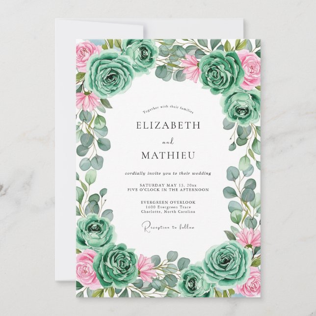 Invitación Boda Romántica Flor de Rosa Verde (Anverso)