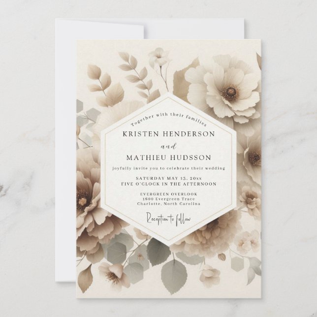 Invitación Boda Romántica Flor de Sepia (Anverso)