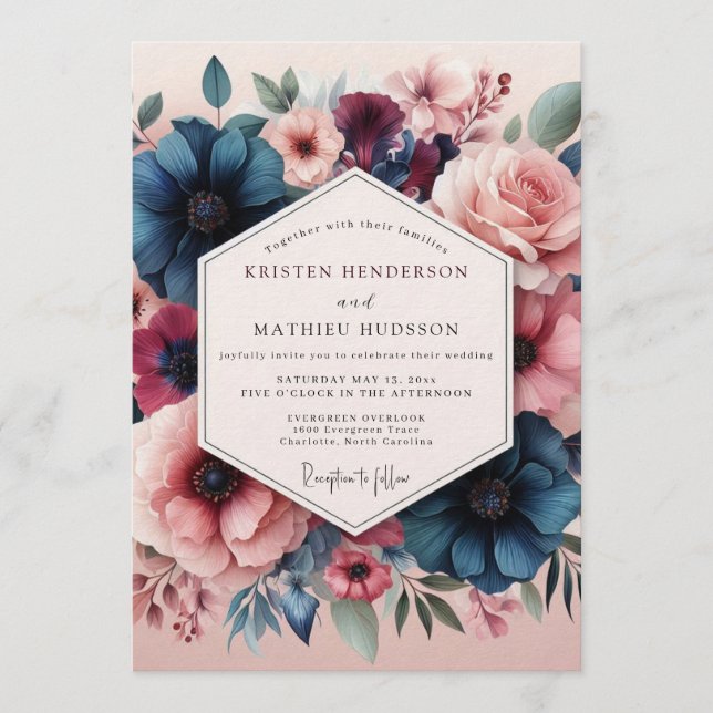 Invitación Boda Romántica Flor de Slate Blush (Anverso)