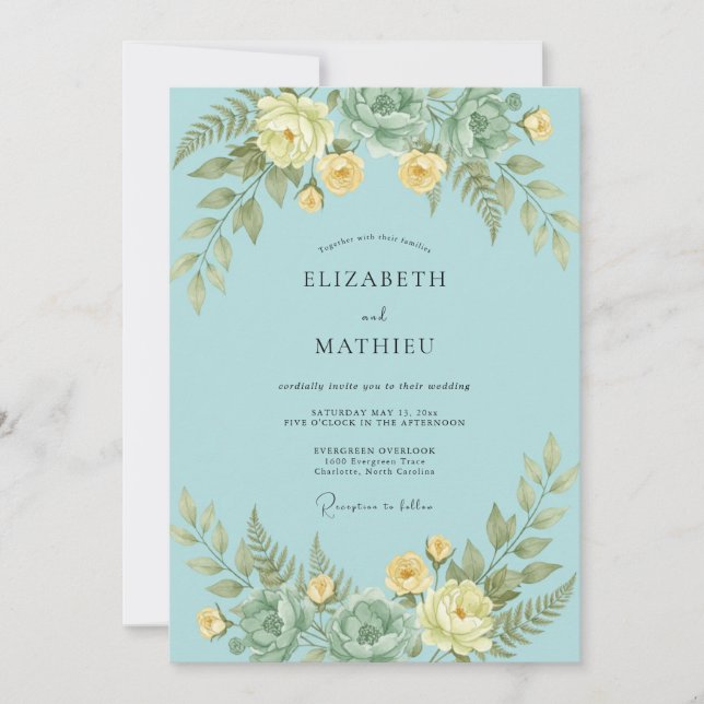Invitación Boda Romántica Flor de Teal Verdant (Anverso)