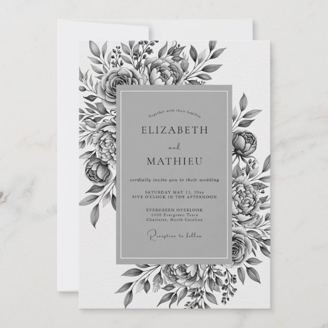 Invitación Boda Romántica Flor Gris (Anverso)