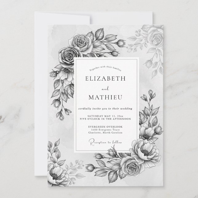 Invitación Boda Romántica Flor Gris Painterly (Anverso)