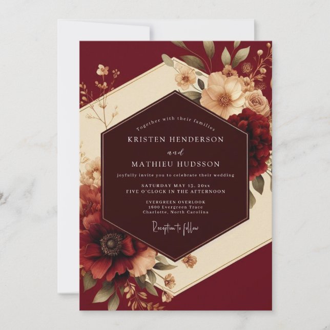 Invitación Boda Romántica Flora Borgoña (Anverso)