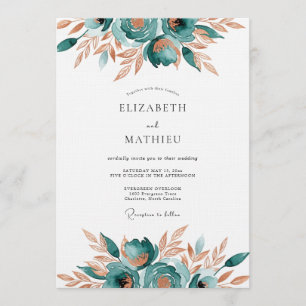 Invitación Boda Romántica Floral Abstracta Verde Teal