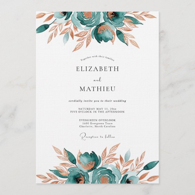 Invitación Boda Romántica Floral Abstracta Verde Teal (Anverso)