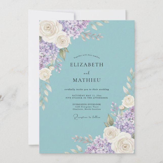 Invitación Boda Romántica Floral Acuática (Anverso)