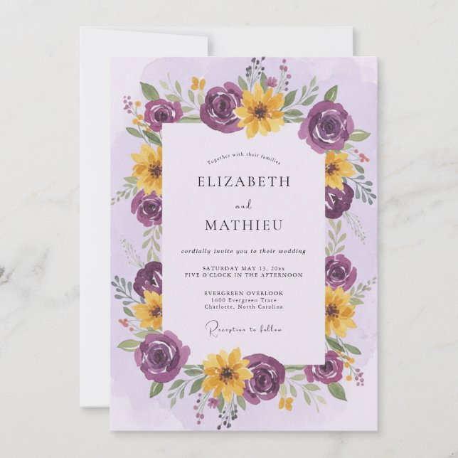 Invitación Boda Romántica Floral Amarillo Ciruela (Anverso)