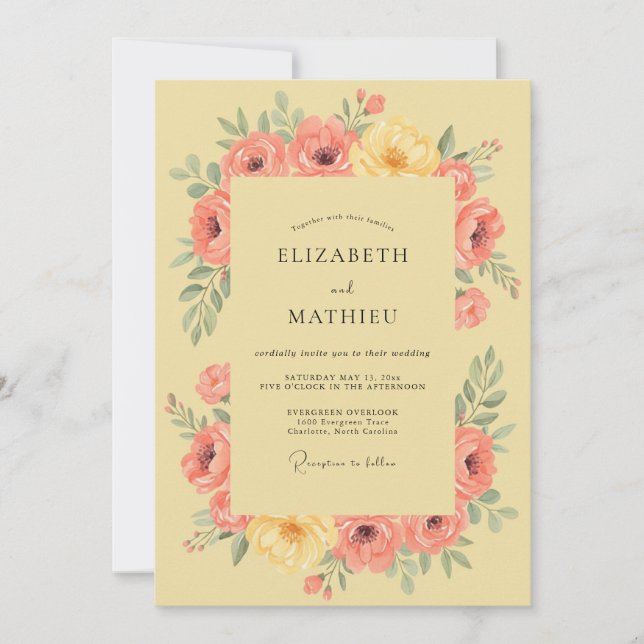 Invitación Boda Romántica Floral Amarillo Melocotón (Anverso)