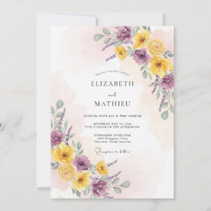 Invitación Boda Romántica Floral Amarillo Púrpura