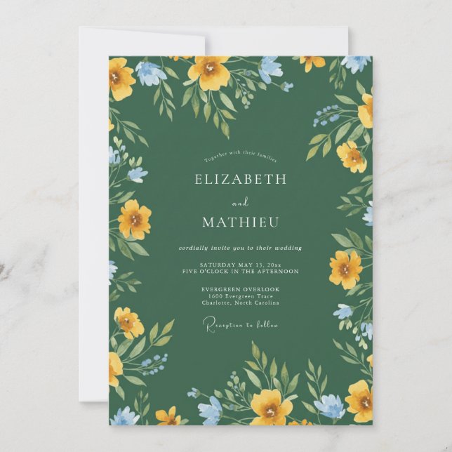 Invitación Boda Romántica Floral Amarillo Verde (Anverso)