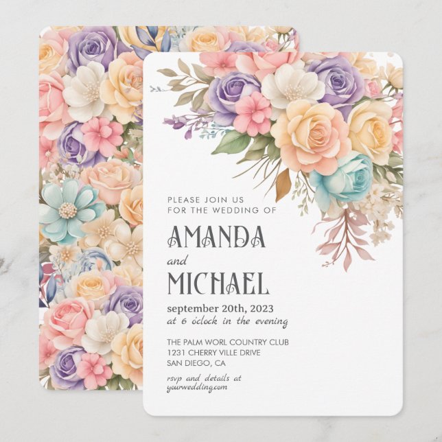 Invitación Boda romántica floral arcoíris pastel (Anverso / Reverso)