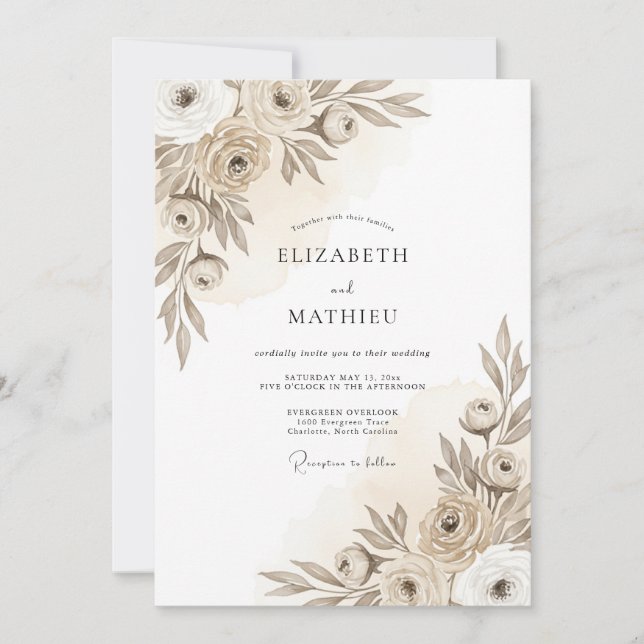Invitación Boda Romántica Floral Artística Beige (Anverso)