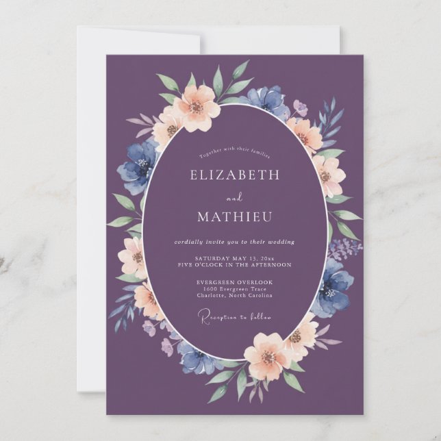 Invitación Boda Romántica Floral Artística de Ciruela (Anverso)