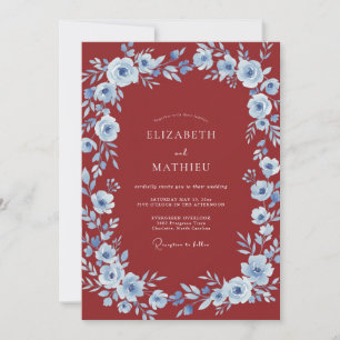 Invitación Boda Romántica Floral Azul Carmesí