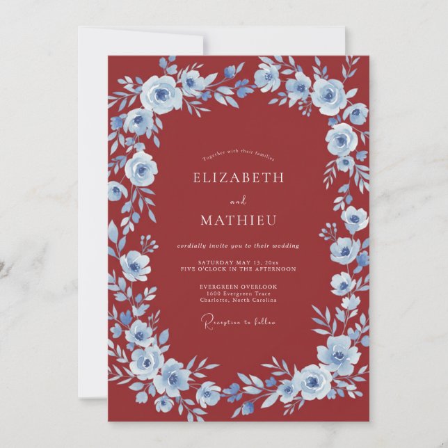 Invitación Boda Romántica Floral Azul Carmesí (Anverso)
