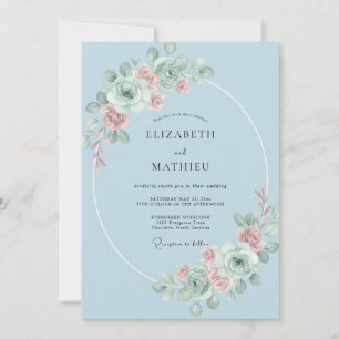 Invitación Boda Romántica Floral Azul Celeste