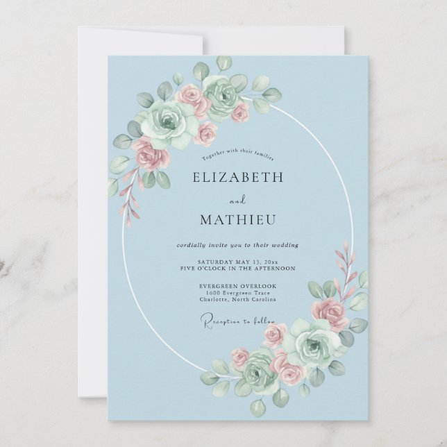 Invitación Boda Romántica Floral Azul Celeste (Anverso)