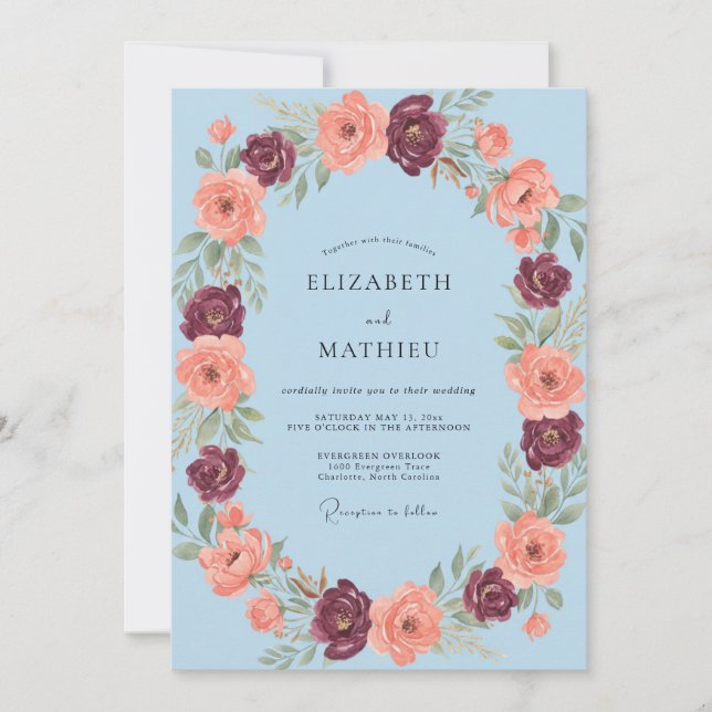 Invitación Boda Romántica Floral Azul Claro (Anverso)