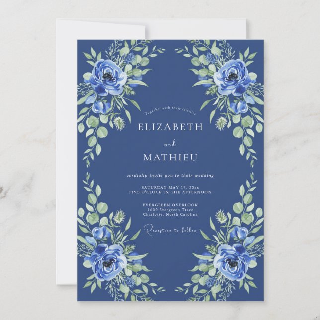 Invitación Boda Romántica Floral Azul Índigo (Anverso)