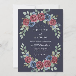 Invitación Boda Romántica Floral Azul Marino
