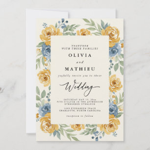 Invitación Boda Romántica Floral Azul Ocre