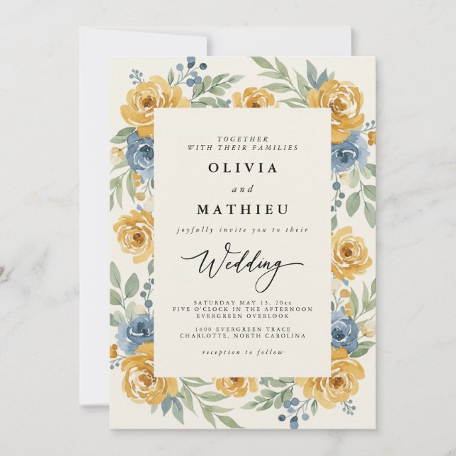 Invitación Boda Romántica Floral Azul Ocre (Anverso)