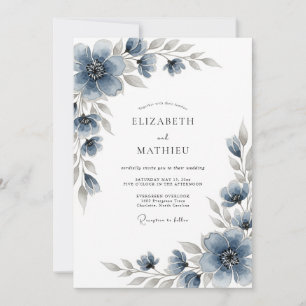 Invitación Boda Romántica Floral Azul Pizarra