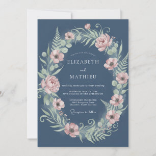 Invitación Boda romántica floral azul polvoriento Laurel