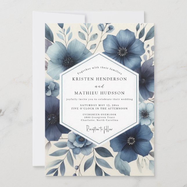 Invitación Boda Romántica Floral Azul Profundo (Anverso)